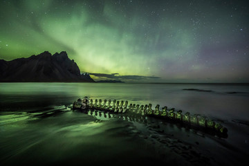 Wall Mural - Skeleton of a beached whale under an Aurora Borealis (Northern Lights) 