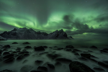 Wall Mural - Aurora Borealis (Northern Lights) above Stokksnes Beach and Vestrahorn Mountains, Iceland