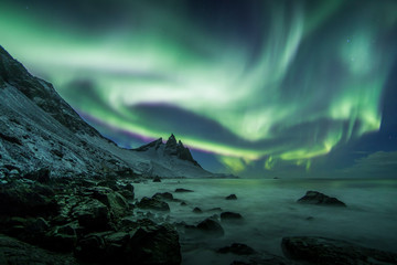 Wall Mural - Aurora Borealis (Northern Lights) above Stokksnes Beach and Vestrahorn Mountains, Iceland