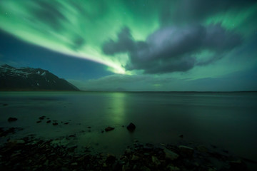 Wall Mural - Aurora Borealis (Northern Lights) above Stokksnes Beach and Vestrahorn Mountains, Iceland