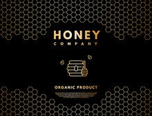 Honey Logo With Gold Gradient Honeybee, Beehive And Honey Stick In Frame Honeycombs.