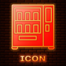 Glowing Neon Vending Machine Of Food And Beverage Automatic Selling Icon Isolated On Brick Wall Background. Vector Illustration