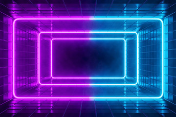 Poster - Futuristic sci fi Room with blue and violet neon lights abstract background. laser show, stage. 3d rendering