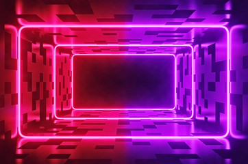 Poster - Futuristic sci fi Room with red and violet neon lights abstract background. 3d rendering