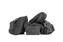 Natural Wooden Charcoal, Traditional Or Hard Wood Charcoal Isolated On White Background.