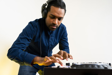 Sticker - Male DJ playing music on white background