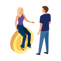 young couple with coin isolated icon vector illustration design