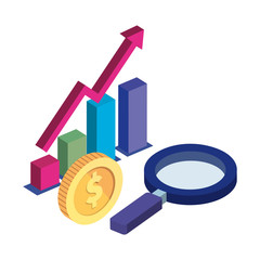 Canvas Print - bars statistical with magnifying glass and coin vector illustration design