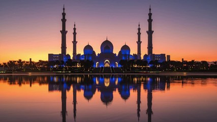 Wall Mural - 4K Timelapse of the Sheikh Zayed Grand Mosque at sunset, Abu Dhabi, UAE