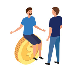 young men with coin isolated icon vector illustration design