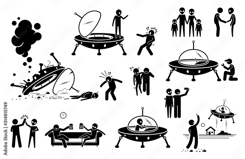 Alien UFO and human first contact and become friend. Vector illustration of alien UFO arrive to planet Earth and crashing the spaceship. Man rescue alien and they become friends. Alien fly back. - obrazy, fototapety, plakaty 
