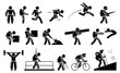 Human wearing futuristic exoskeleton body for bionic power stick figure pictogram icons. Vector illustrations of man with exoskeleton suit for strength, military, construction, medical, and sport.