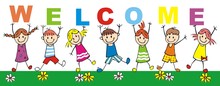 Happy Kids With Inscription Welcome, Vector Illustration	