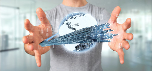 Poster - Businessman holding an Optical fiber connection - 3d rendering