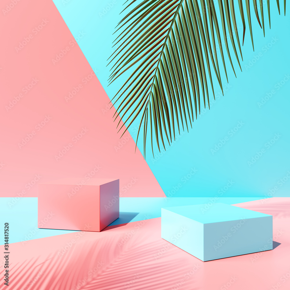 Blank product podium stand with tropical leaf on colorful background. Summer concept. 3d rendering - obrazy, fototapety, plakaty 
