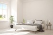 © AntonSh - Stylish bedroom in white color with summer landscape in window. Scandinavian interior design. 3D illustration