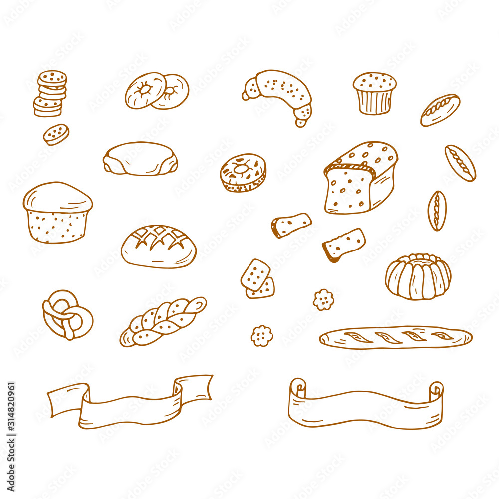 Hand drawn Bakery products and Sweet Pastries Vector Set. Bread, rolls ...
