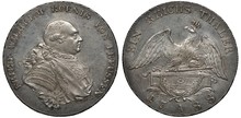 Germany German Prussia Prussian Silver Coin 1 One Thaler 1788, Bust Of King Friedrich Wilhelm Right, Crowned Eagle With Scepter And Orb Above Decorated Pedestal,
