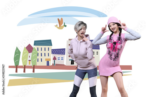 ボーイッシュな女の子とガーリーな三つ編みの女の子が面白いポーズをきめているシーン Ilustracion De Stock Adobe Stock