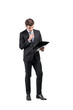 © ImageFlow - Thoughtful businessman with clipboard, full length