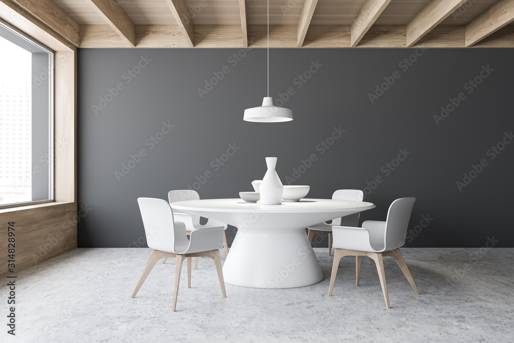 Gray dining room interior with round table - obrazy, fototapety, plakaty 
