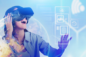 Poster - Happy woman in VR, global business interface