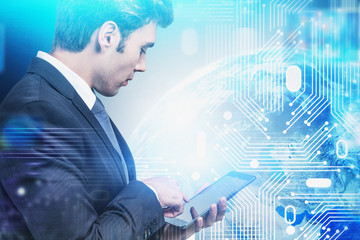 Poster - Man with tablet, global network interface
