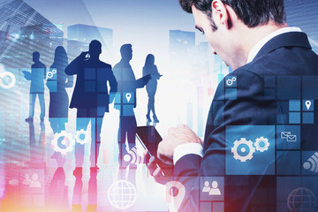 Poster - Man with phone and his team, digital interface