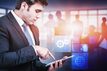 Poster - Man with tablet and his team, business interface