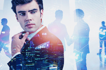 Poster - Thoughtful businessman in city, HR interface