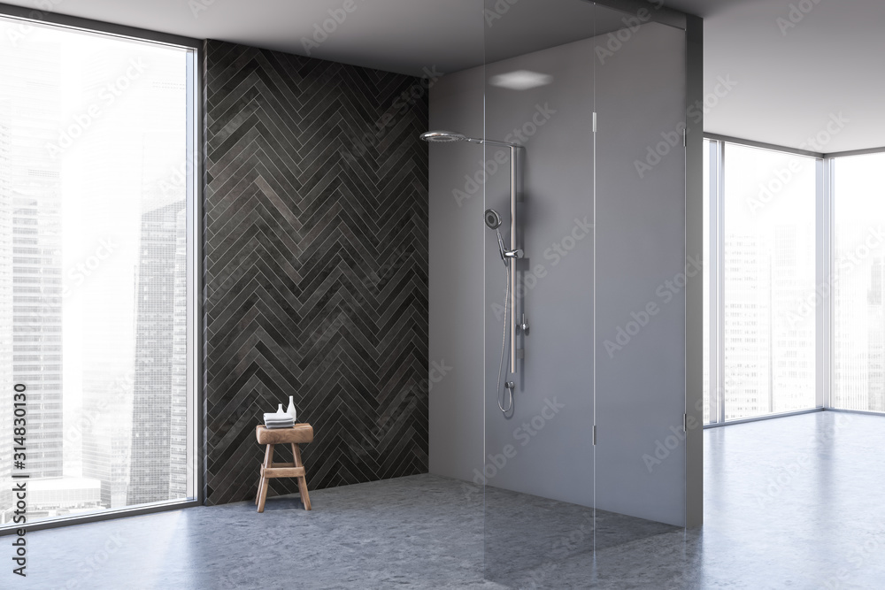 Black wood and gray bathroom with shower - obrazy, fototapety, plakaty 