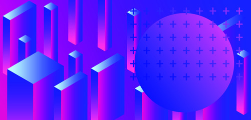 Poster - Abstract geometric minimal background with 3d isometric blocks in neon 80's-90's fluorescent lighting. Retrofuturistic Vaporwave and Synthwave style illustration.