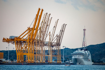 port cranes and a large atlantic liner