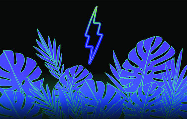 Poster - Neon glowing sign of thunderbolt or lightning bolt with tropical palm leaves around it. Retrowave and synthwave style retro aesthetics.