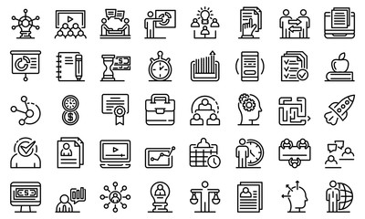 Poster - Business training icons set. Outline set of business training vector icons for web design isolated on white background