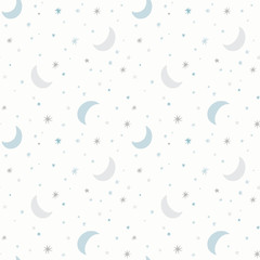 Moon and stars vector pattern. Night sky, cosmos, space seamless background in light pastel colors. 