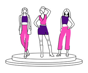 Poster - Fashion runway girls flat contour vector illustration. Models demonstrate new trends, clothes and accessories. New collection isolated cartoon outline character on white background. Simple drawing