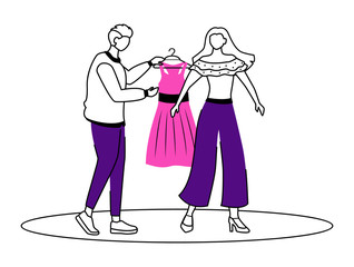 Poster - Fashion designer work flat contour vector illustration. Dressing up famous people. Choosing outfit. Preparing model for runway isolated cartoon outline character on white background. Simple drawing