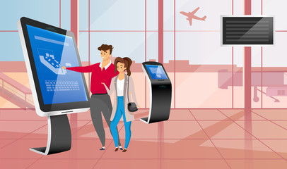 Poster - Smiling couple with airport self service kiosk flat color vector illustration. Tourists faceless cartoon characters during airline check in. People using interactive touchscreen panel