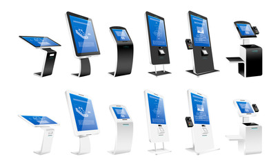 Fototapete - Self order kiosks realistic vector illustrations set. Modern interactive machines and internet software flat color objects. Payment terminals and atm constructions isolated on white background