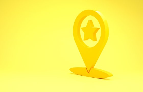 Yellow Map pointer with star icon isolated on yellow background. Star favorite pin map icon. Map markers. Minimalism concept. 3d illustration 3D render