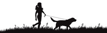 Vector Silhouette Of Girl With Dog Walks On Meadow On White Background. Symbol Of Woman With Her Pet In The Park.