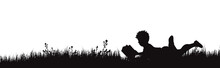 Vector Silhouette Of Boy Who Read Book On The Garden On White Background. Symbol Of Boy Rest In The Garss.
