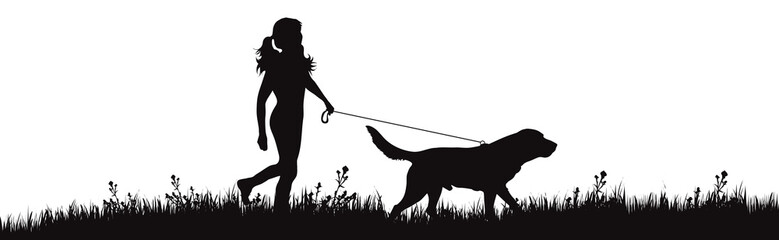 Poster - Vector silhouette of girl with dog walks on meadow on white background. Symbol of woman with her pet in the park.