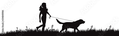 Fotomural Vector silhouette of girl with dog walks on meadow on white background