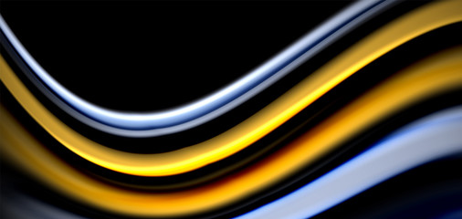 Abstract silk smooth lines on black, multicolored liquid fluid rainbow style waves on black