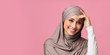 Shy muslim woman in hijab feeling embarrassed and blush after compliment