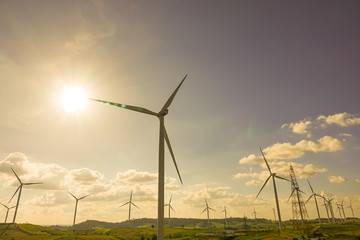 Wind turbine farm from clean energy. Wind power for electricity.