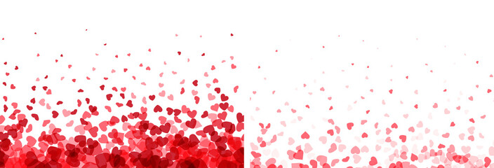 Valentines day banners. Heart confetti falling over white background for greeting cards, wedding invitation.