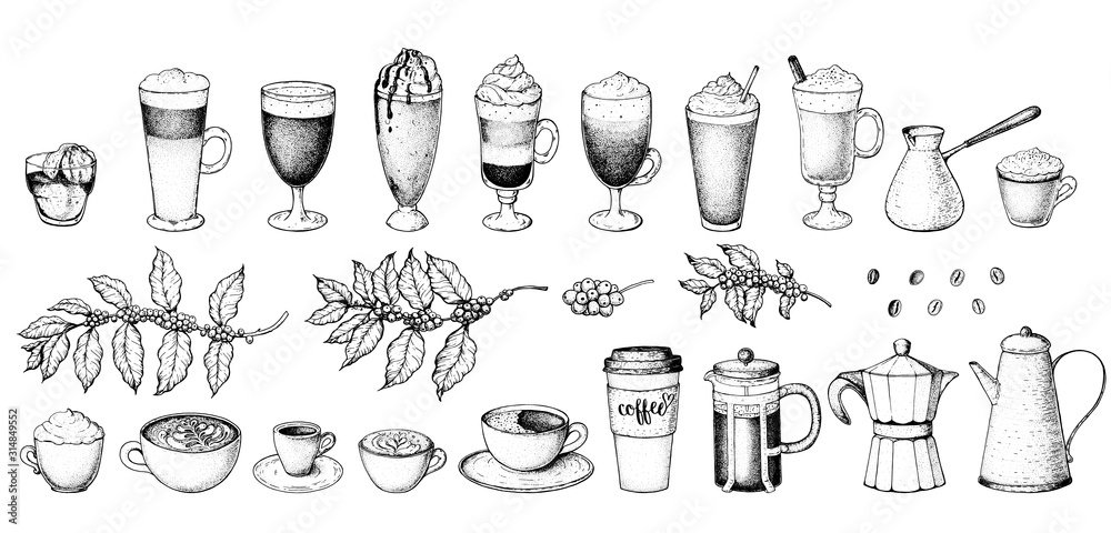 Coffee drink hand drawn collection. Sketch graphic elements for menu design. Vintage vector illustration. Various coffee drinks set. Coffee cups, beans and coffee makers illustration. - obrazy, fototapety, plakaty 